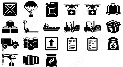 Solid black icons for military supply logistics and tactical cargo delivery. Parachutes, crates, and fuel cans collection. Vector illustration for strategy games, logistics blogs, and tactical resourc