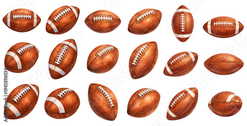 A watercolor collection of American football balls for sports graphics, football game designs, team merchandise, and athletic event decorations.