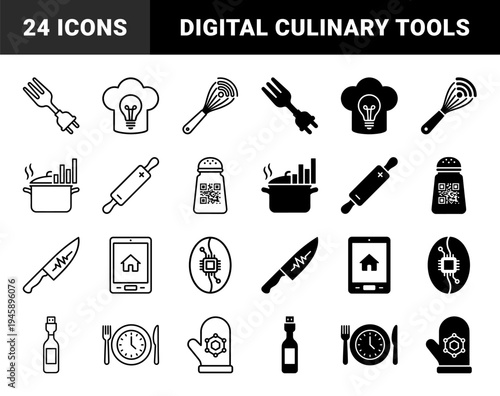 Hybrid culinary and technology icons featuring smart kitchen tools merged with digital data symbols and electronic components for modern cooking