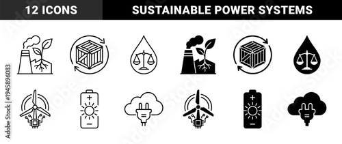 Sustainable energy and eco industry hybrid icons featuring wind turbine circuit battery sun cloud plug and balance water drop symbols