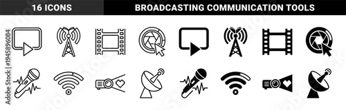 Hybrid Media and Communication Symbols Combining Video Players Film Strips Microphones and Projectors in Outline and Solid Graphic Style
