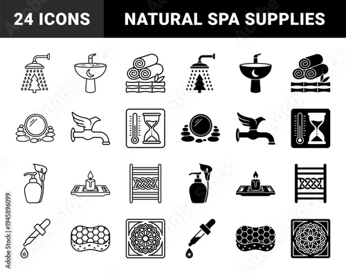 Hybrid wellness and spa icons merging organic nature elements with bathroom fixtures featuring pine tree showers and celestial sink basins