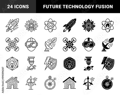 Hybrid innovation symbols merging technology with nature and industry featuring rocket brains dna headsets and solar satellite dishes in line and solid styles