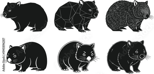 Wombat illustrations, stylized poses, cartoon character, polygonal design, realistic shading, tribal pattern, vector art, animal character set