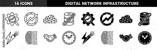 Hybrid Digital Infrastructure Icons Merging Data Security with Connectivity featuring Fingerprint Binary Codes and Blockchain Database Storage