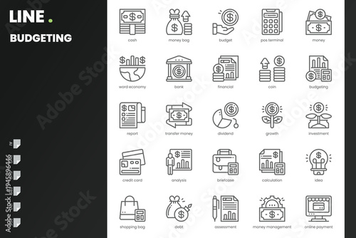 Budgeting Icon pack for your website, mobile, presentation, and logo design. Budgeting Icon outline design. Vector graphics illustration and editable stroke.