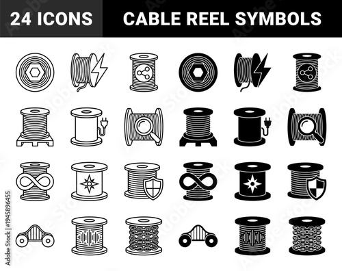 Hybrid industrial cable spool icons featuring conceptual integration of electrical energy manufacturing logistics and fiber optic connectivity symbols
