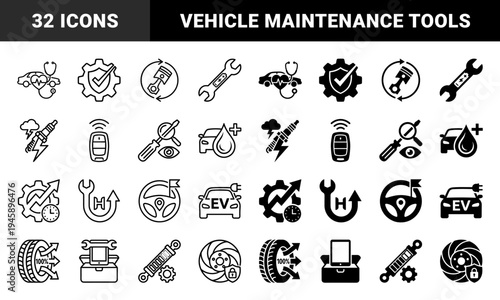Automotive Diagnostic and Maintenance Hybrid Icons Featuring Car Stethoscope Spark Plug Bolt and Wrench Gear Combinations in Line and Solid Styles