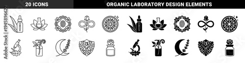 Hybrid Organic Beauty and Scientific Laboratory Icons Merging Botanical Leaves with Dropper Bottles Flasks and Microscope Elements