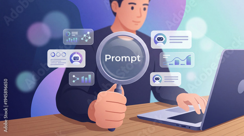 Man Using Laptop Analyzing AI Prompts Through Magnifying Glass, Artificial Intelligence Concept, Prompt Engineering, Data Analysis, Chatbot Interface, Digital Research, Flat Illustration