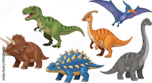 Prehistoric dinosaur characters collection tyrannosaurus triceratops ankylosaurus brachiosaurus pterodactyl cartoon flat vector illustration set