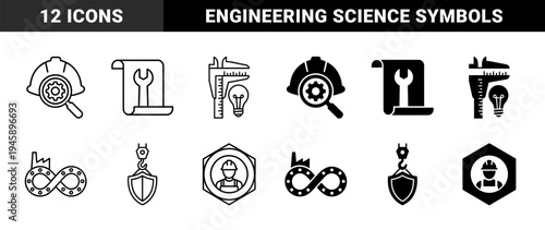 Industrial Engineering and Biotechnology Hybrid Icon Set Featuring Construction Safety Gear Combined with Scientific DNA and Manufacturing Symbols