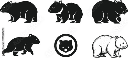 Wombat illustrations, stylized poses, geometric design, cartoon character, icon face, line drawing, silhouette art, vector animal set