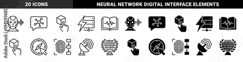 Biometric data and synthetic intelligence symbols featuring robotic heads with frequency waves and neural network chat bubbles in line and glyph styles