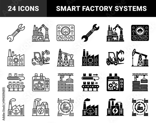 Smart industrial manufacturing icons featuring hybrid designs of factory buildings merged with microchips cloud computing and renewable energy symbols