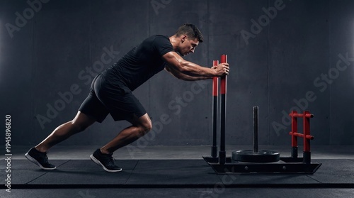A young  man pushes a weighted sled in a gym. He wears a black t-shirt and shorts, focusing on strength training in a dark environment.