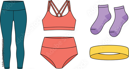 A person prepares for yoga with leggings, a sports bra, underwear, socks, and a mat.