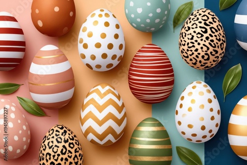 Colorful decorated Easter eggs with patterns and gold accents arranged on pastel background