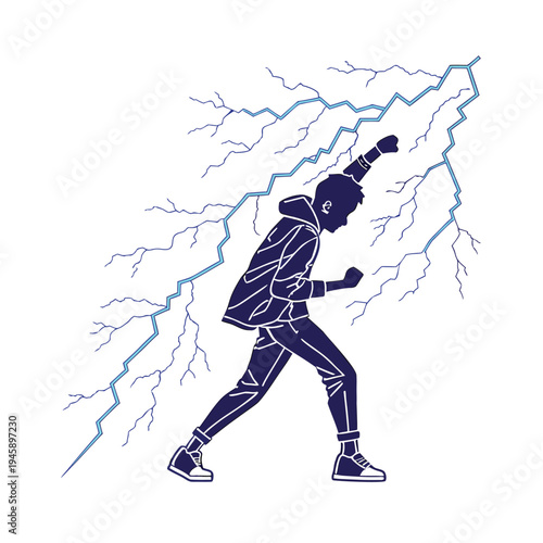 Vector illustration of a person running from lightning bolts