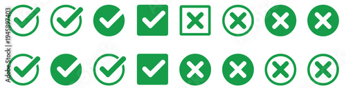 Check Tick Mark Icon Set, Cross X Box Check Mark, Hand Drawn Doodle Sketch Vector Icons, V List, Checklist Symbols, Right Wrong Circle Marks, Brush Marker Style, Editable Vector