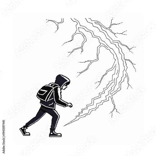 Vector illustration of a person running from lightning bolts