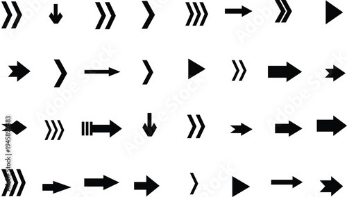 Multiple black arrow shapes and symbols for indicating movement on a bright white surface