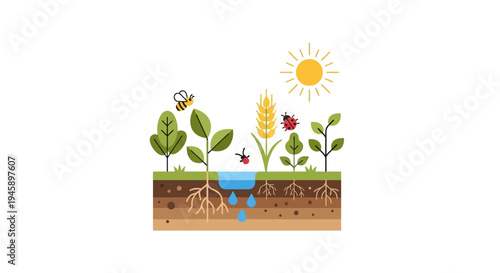 Green plants growing in soil layers.