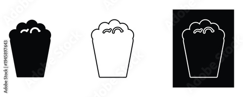Three popcorn bucket icons in black and white on a white background