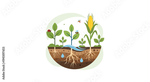 Green plants growing in soil layers.
