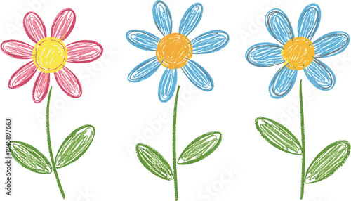 Crayon style flowers doodle vector illustration set with colorful hand drawn kids flowers for spring, nursery, education and playful design