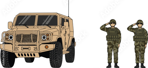 Military armored vehicle with soldiers saluting army transport defense equipment flat vector illustration isolated