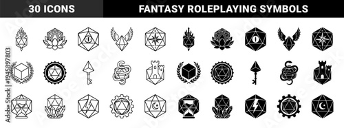 Dungeons and Dragons Polyhedral Dice Hybrid Icons Featuring Fantasy RPG Elements Like Sword Lotus Eye Compass Key Snake Castle and Hourglass