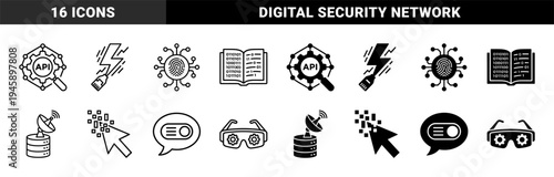 Hybrid digital technology icons featuring API gear with magnifying glass biometric fingerprint circuit board and data streaming satellite database