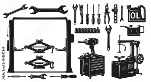 Collection of automotive tools and equipment detailed black and white silhouette