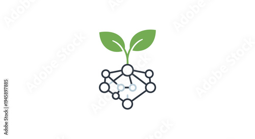 Green leaf sprouting from molecular structure.