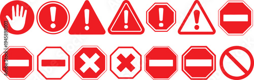 Set of road and warning signs with various symbols and shapes