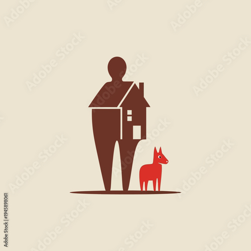 Abstract illustration of a person and house companion dog brown and red