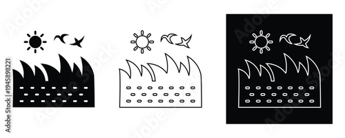 Environmental pollution icons with factory, Birds, Sun and fish in black, White and outline