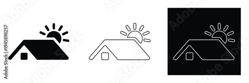 Three house icons with sun symbol in different styles and colors on white and black backgrounds