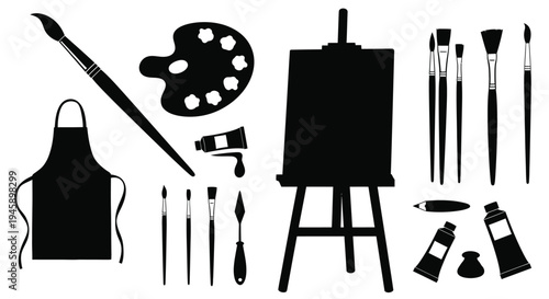 Art supplies including brushes easel and palette in black silhouette