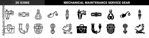 Hybrid Industrial and Technical Maintenance Icons Merging Tools with Measurement Data Connectivity and Financial Growth Symbols in Dual Styles