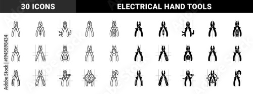 Hybrid Plier Icon Set Merging Hand Tools with Electrical Components Meters and Hardware Symbols in Minimalist Outline and Solid Styles
