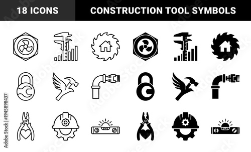 Hybrid Industrial Tool Symbols Merging Construction Equipment with Conceptual Metaphors in Dual Line and Solid Silhouette Minimalist Style