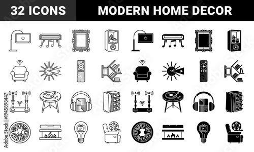 Hybrid smart furniture and home decor symbols merging interior design with digital functionality featuring audio integrated seating and multimedia storage solutions