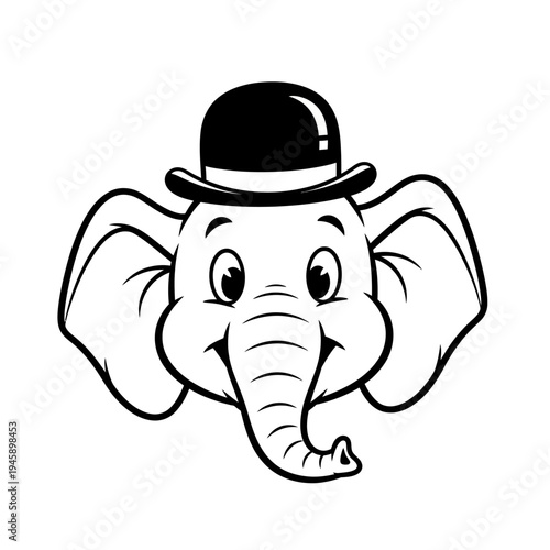 Cartoon elephant with a bowler hat smiling and looking happy