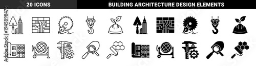 Hybrid construction and industrial engineering icons merging architectural tools with structural elements like circuit board masonry and botanical safety gear