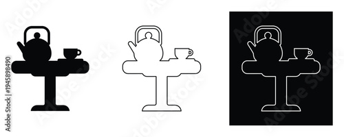 Tea time icons with kettle and cup on table in black white and outline styles for design