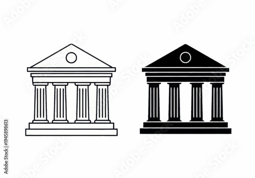 Two classical building facades with columns are depicted side by side in black and white illustrations.