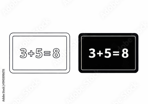 Two rectangular signs display a math equation on a plain surface with black and white colors.