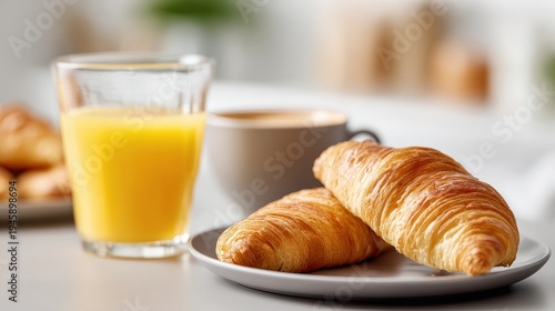 Fresh croissants and orange juice breakfast with coffee on a plate